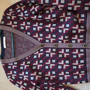 Tory Burch Burgundy, Navy & Cream Geometric Button Cardigan